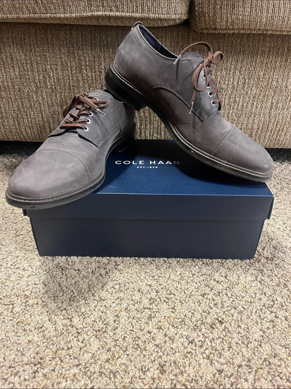 Cole Haan Men’s Stormcloud Suede Cap-Toe oxford Shoes with Brown Laces
